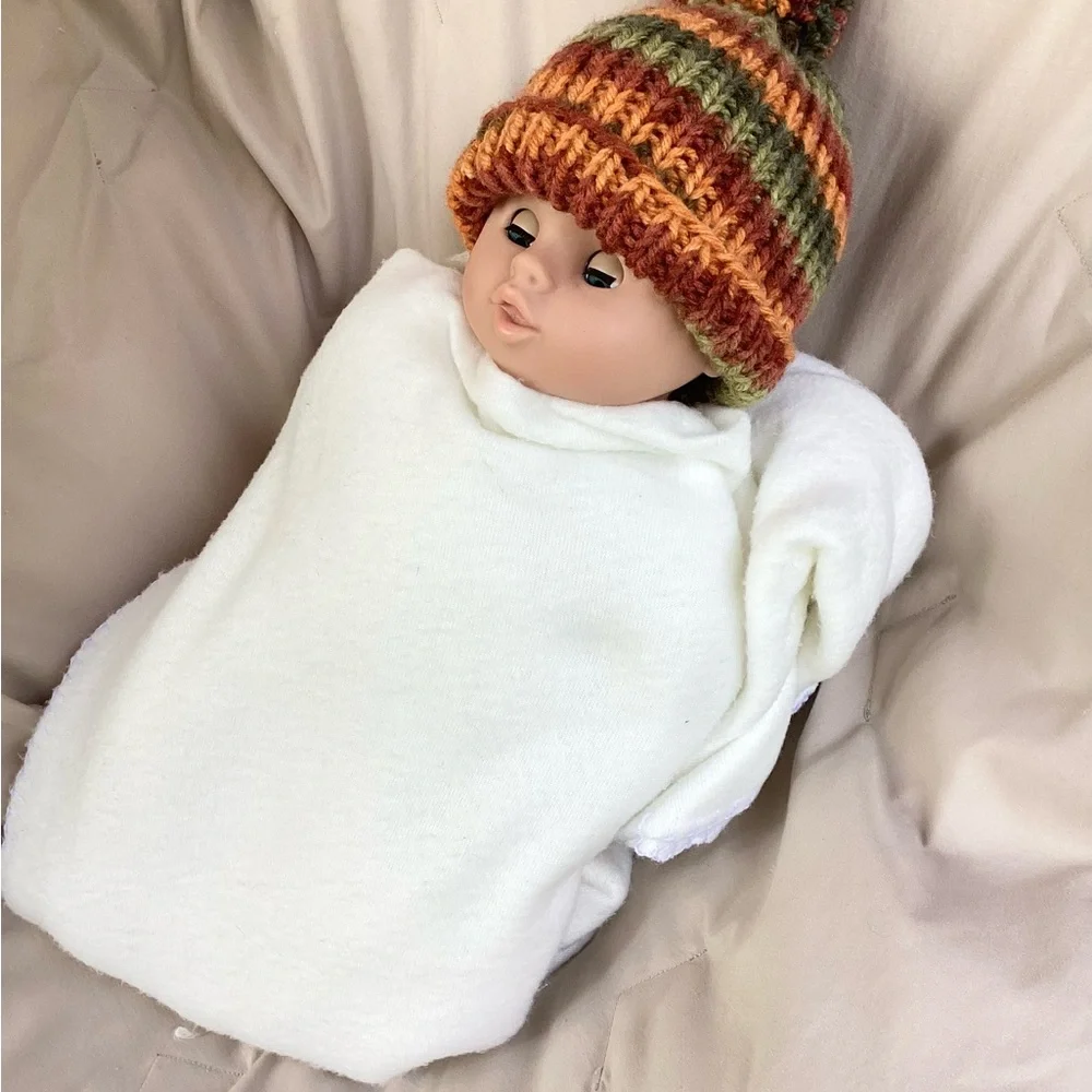 Hat Beanie Hand Crafted Baby Pom Pom Knit Green Rust Orange Knit Fall